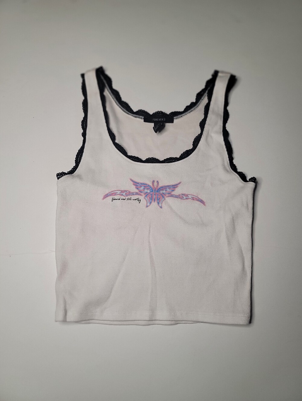 Forever 21 White Ribbed Tank with Black Lace Trim and Butterfly Graphic Small
